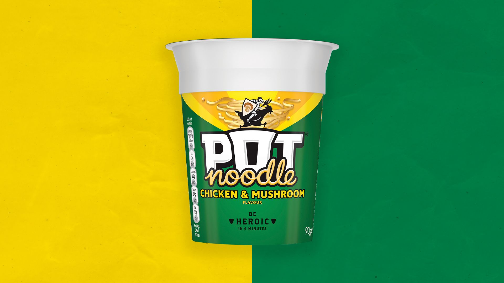 A Chicken & Mushroom paper Pot Noodle. On a green and yellow background.
