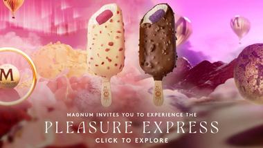 Two Magnum ice creams against a pink backdrop of mountains and hot air balloons.