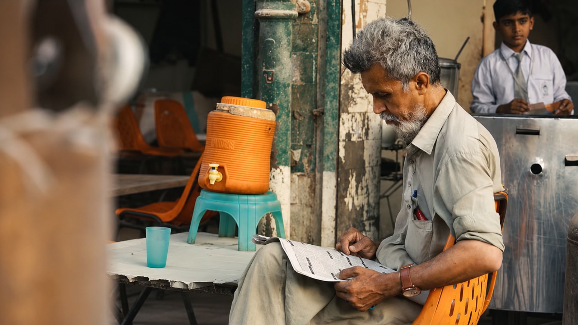 Older man sits outdoors reading a newspaper beside a water cooler and plastic cup.