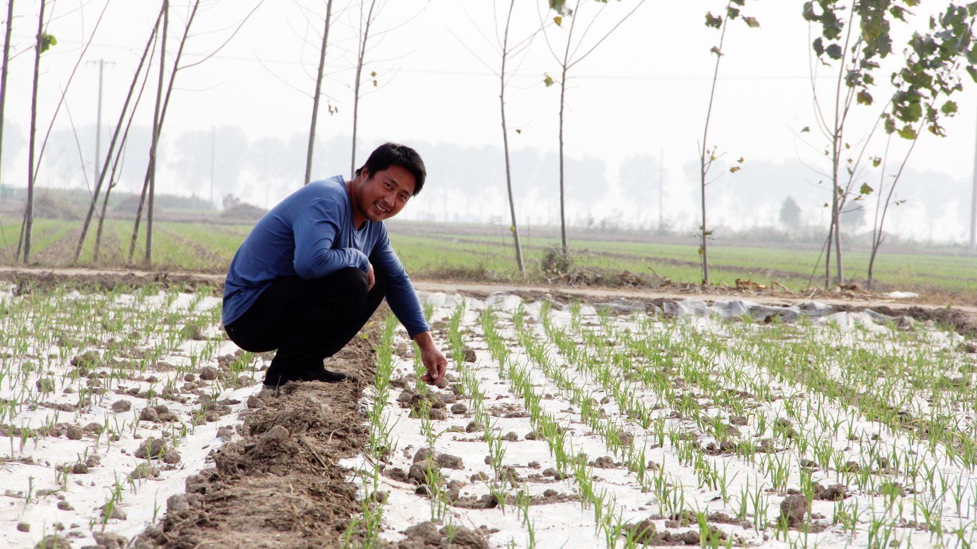 Man in a young rice field, smiling at the camera.