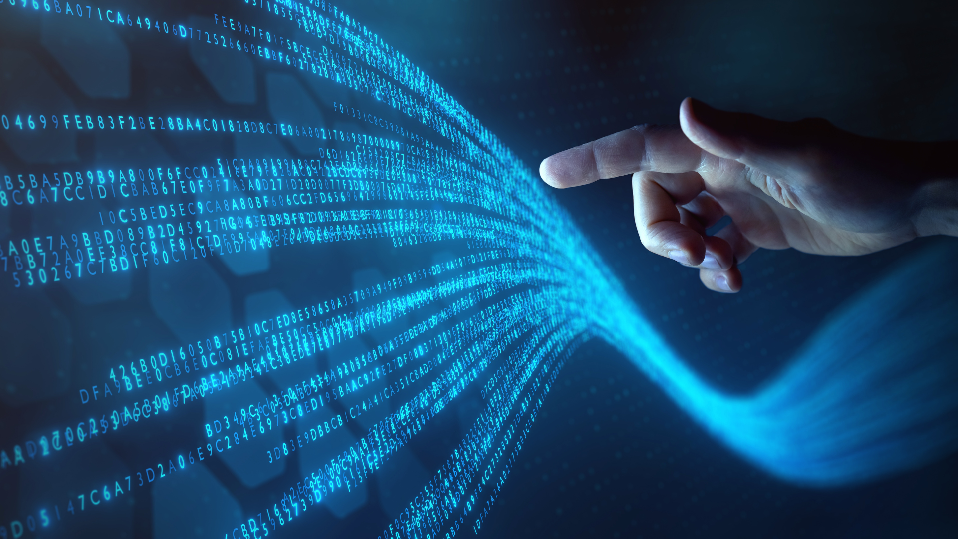 A hand (caucasian skin tone) points to data flowing onto a blue screen