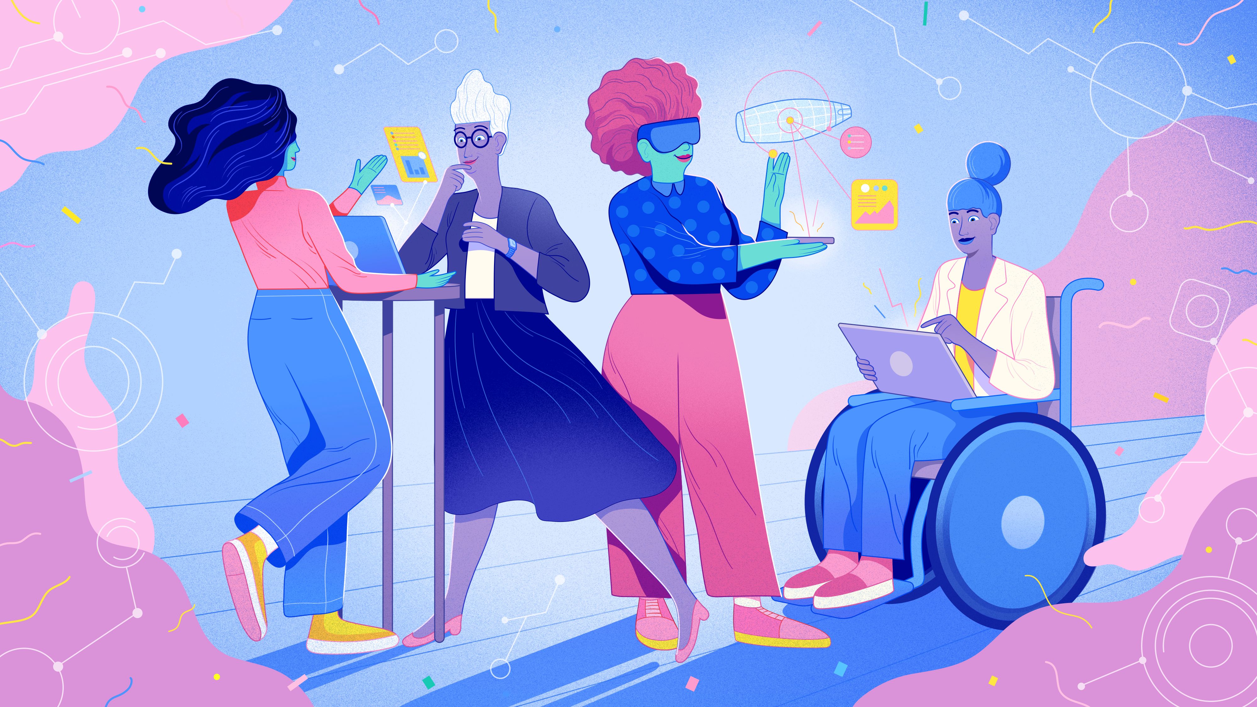 An illustration of a group of diverse women working in technology