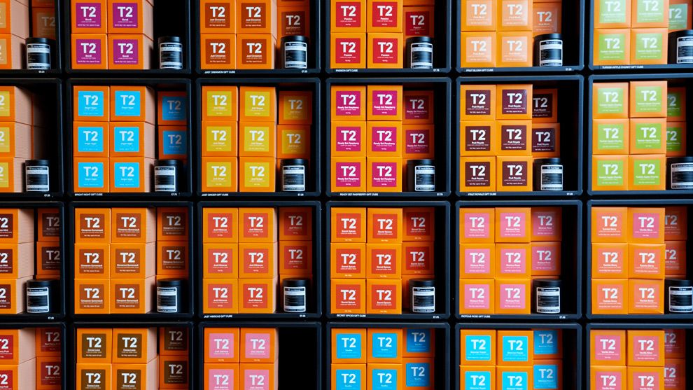Shelves filled with a variety of T2 branded boxes