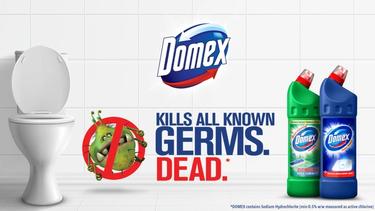 Two Domex products, a toilet, the Domex logo, and a text that reads "Kills all known germs. Dead."