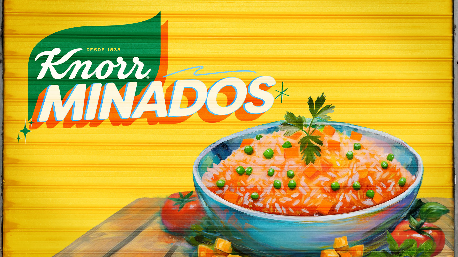 A bowl of rice and the Knorr logo painted on a bright yellow background promote Knorr’s headline-grabbing Minados competition.