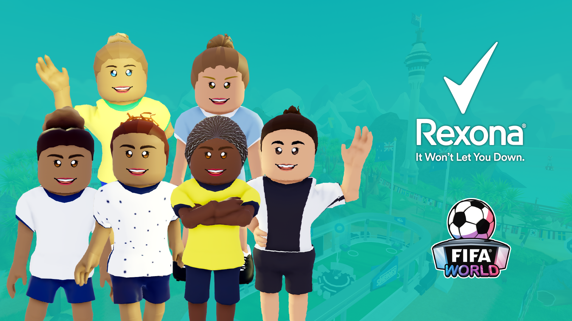 Image of player avatars in FIFA World X Roblox’s Rexona Obby. This created player and brand conversations in digital spaces