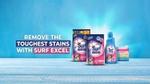 Three Surf Excel products, a pile of clean folded laundry, and a text that reads "Remove the toughest stains with Surf Excel".