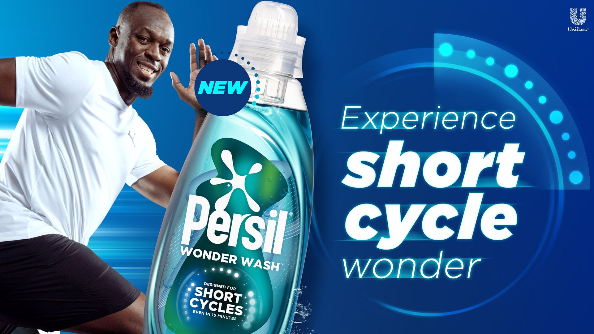 Advertising image of Usain Bolt and Persil Wonder Wash with text that reads ‘Experience short cycle wonder’.