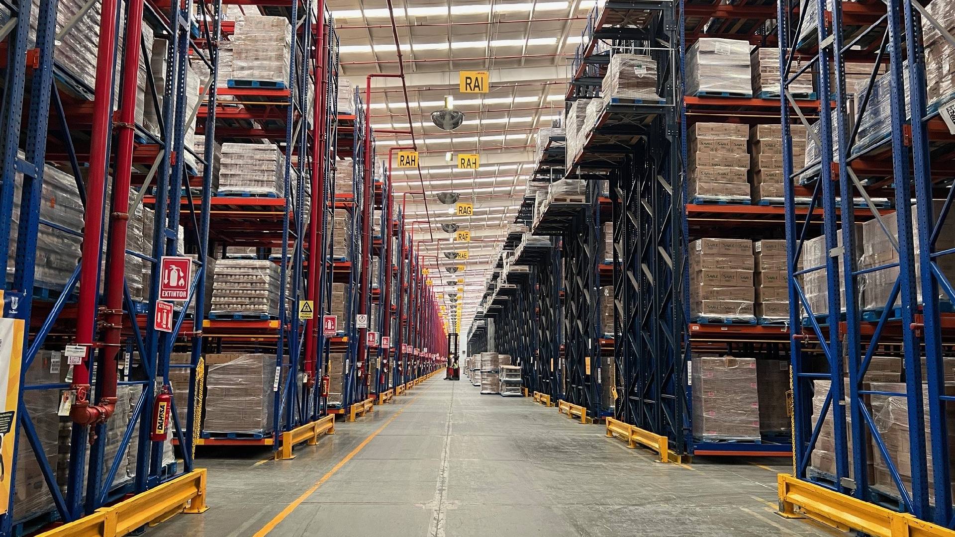 A customer warehouse with products packaged on shelves