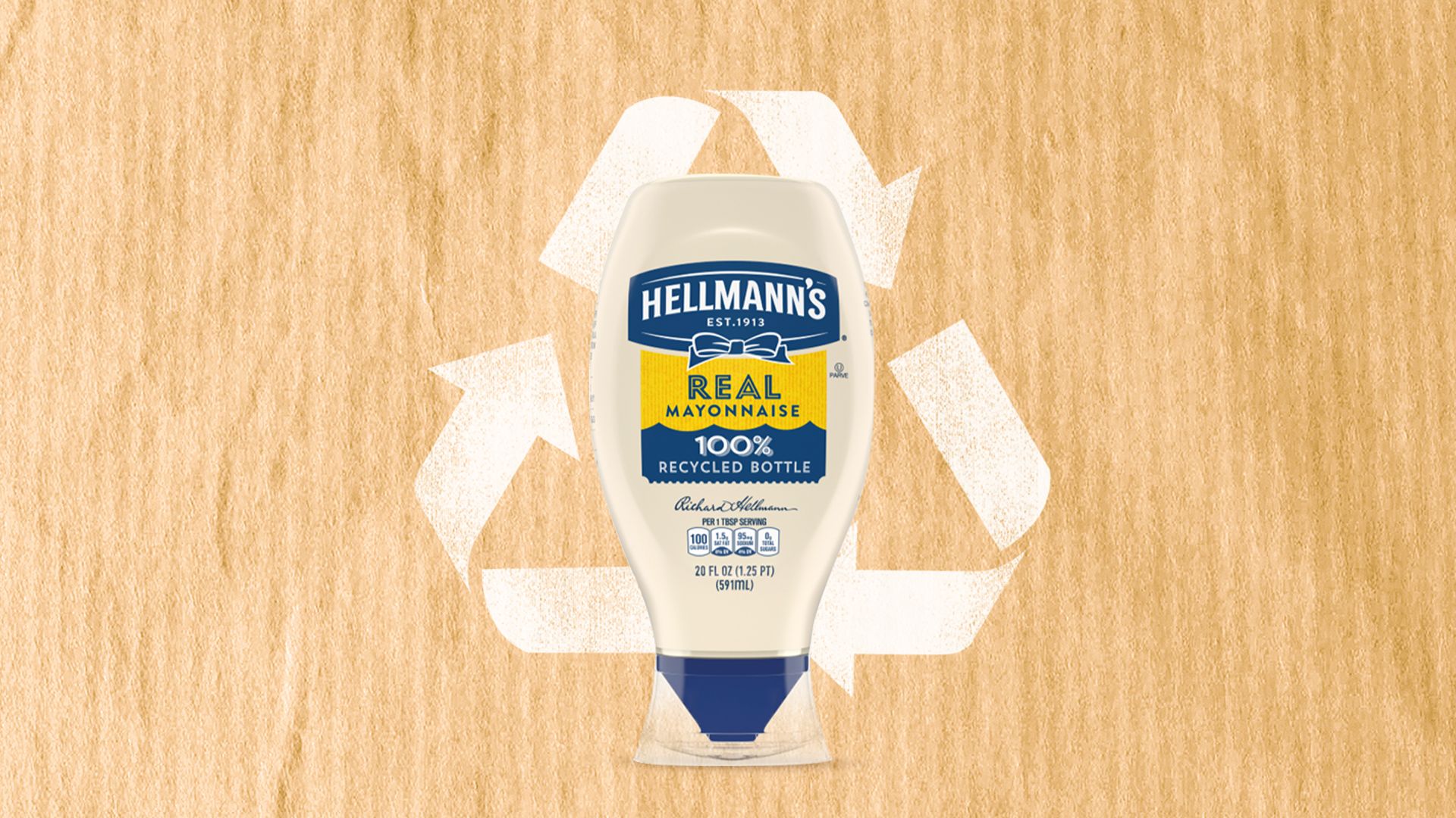 Hellmann’s plastic bottle with recycle sign in the background