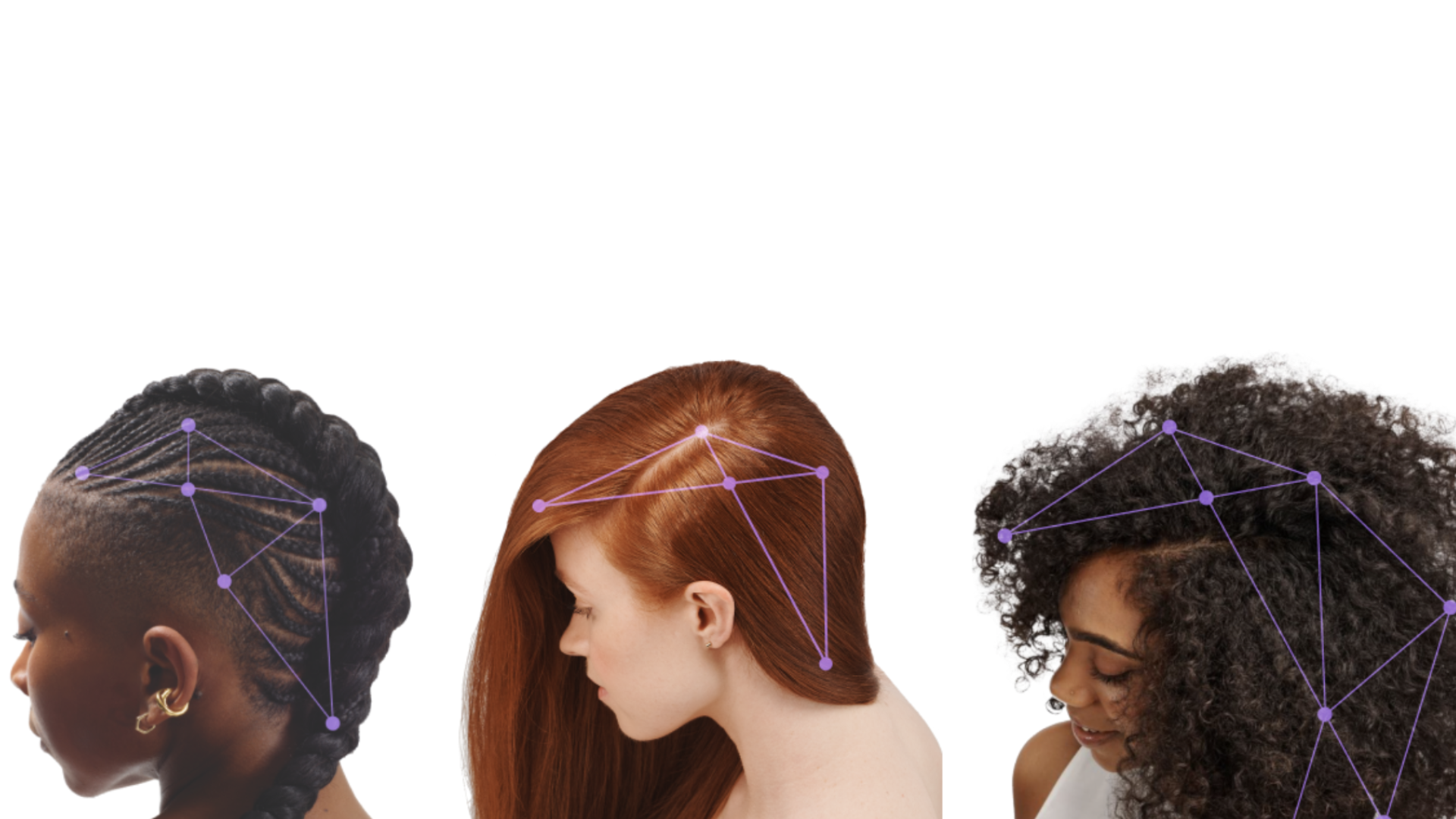 Head shots of three women, a representation of AI analysing their hair style is overlayed, depicted as a purple line drawing.