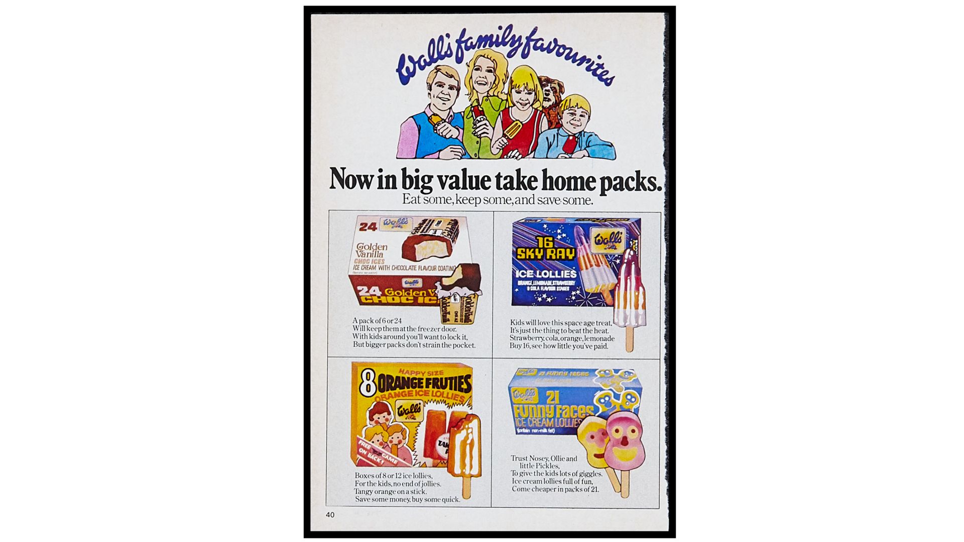 Full-page newspaper advert showing the number of different Wall’s brands available as multiple take-home packs