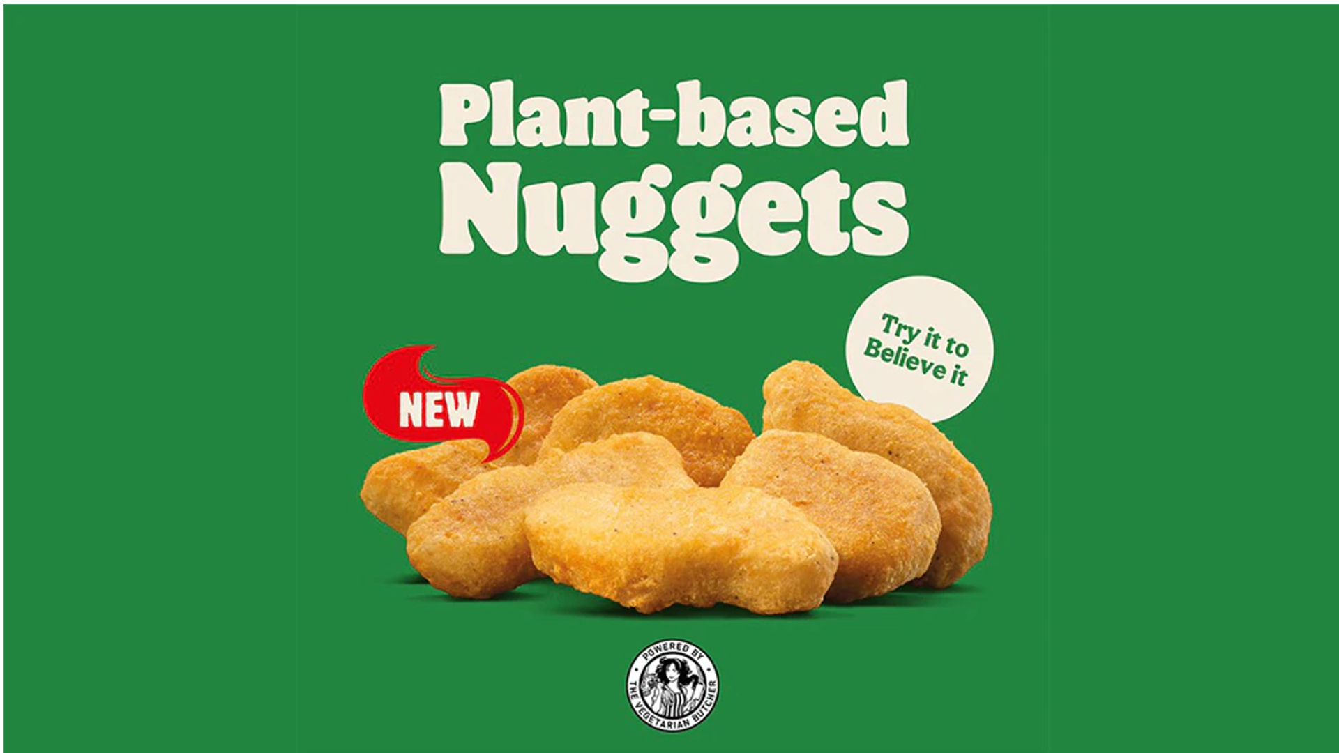 Plant-based chicken nuggets against a green background"