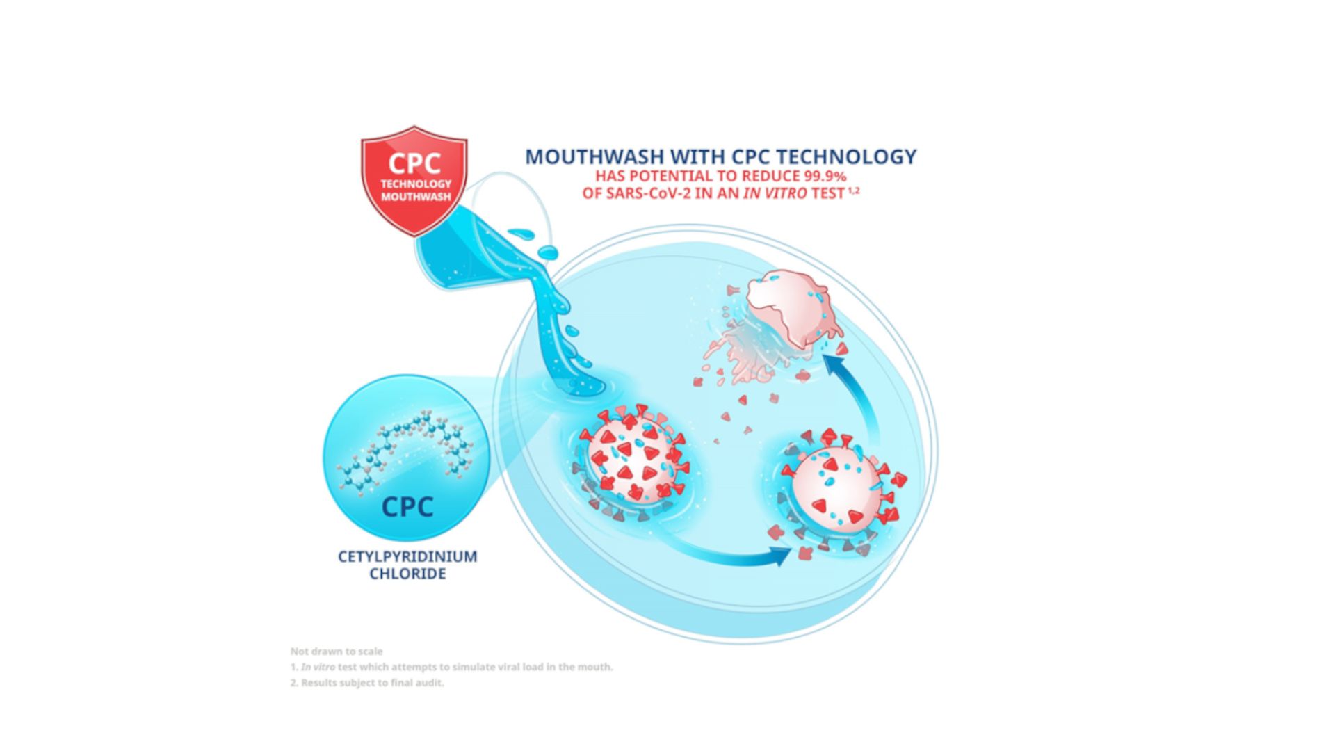 A diagram illustrating the effect CPC Technology in mouthwash can have on the virus that causes Covid-19