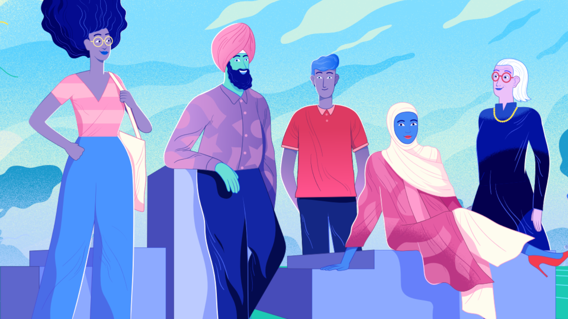Illustration of a woman in glasses, a man in a turban, a man in a red shirt, a woman in a hijab and a woman with white hair. 