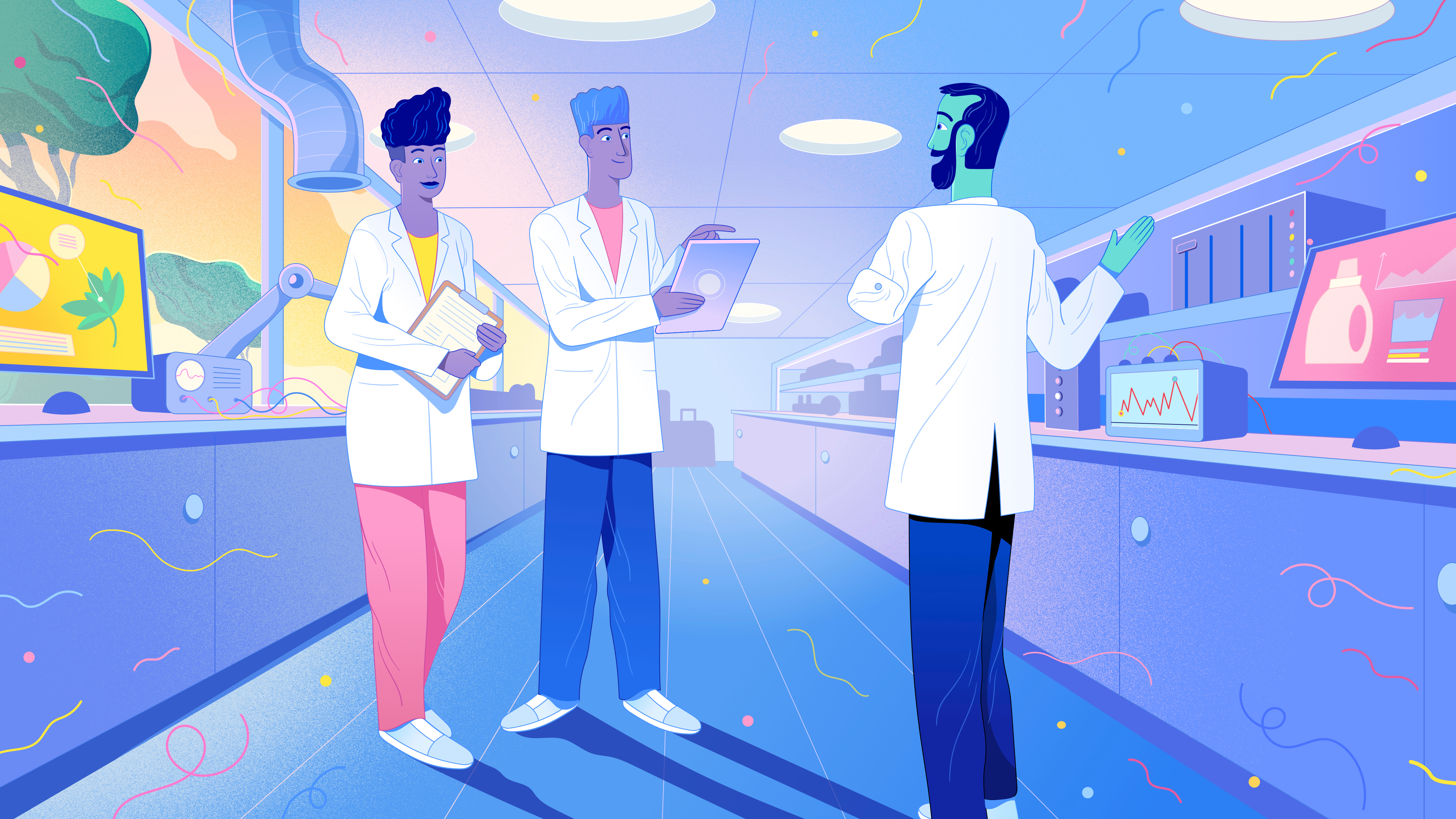An illustration of three people in a laboratory