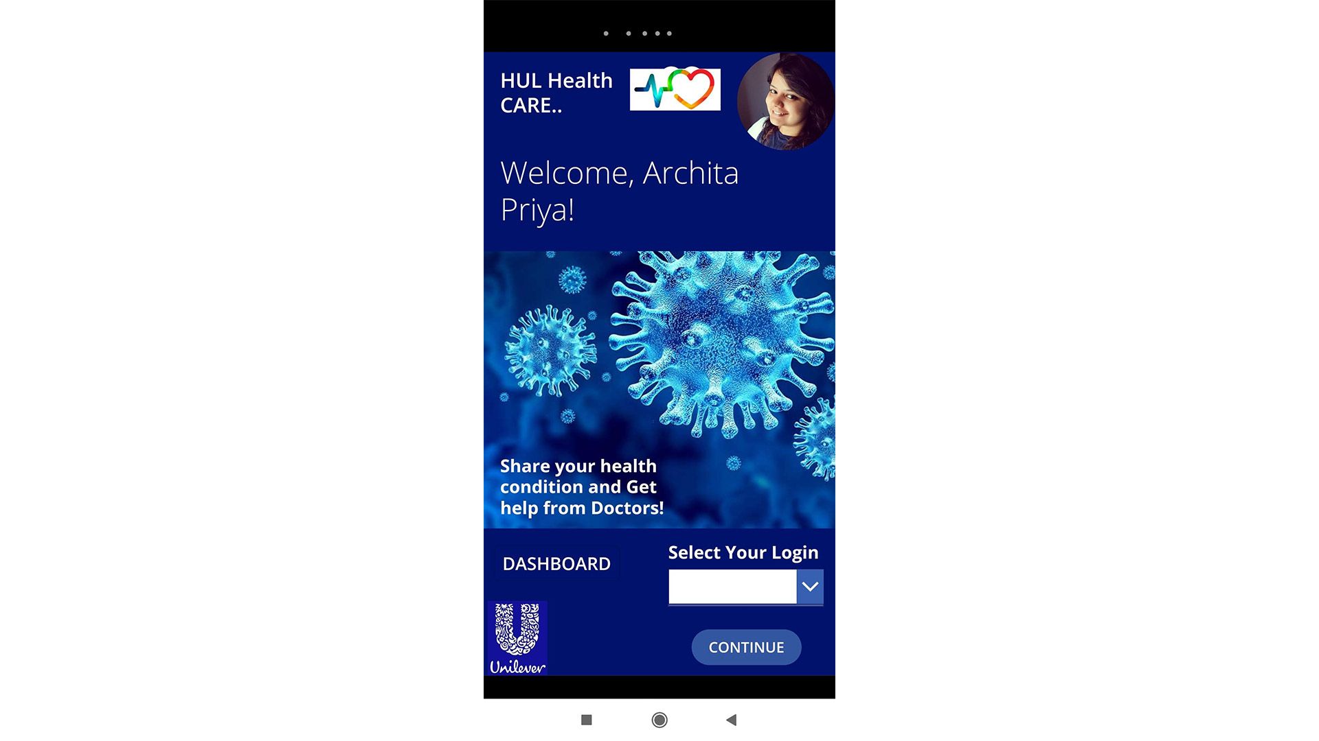 Screen shot of the HUL helpline on a mobile phone