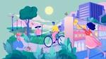 Multi-character planet and society scene. Farmers, wind farm, trees. Supermarket and buildings.