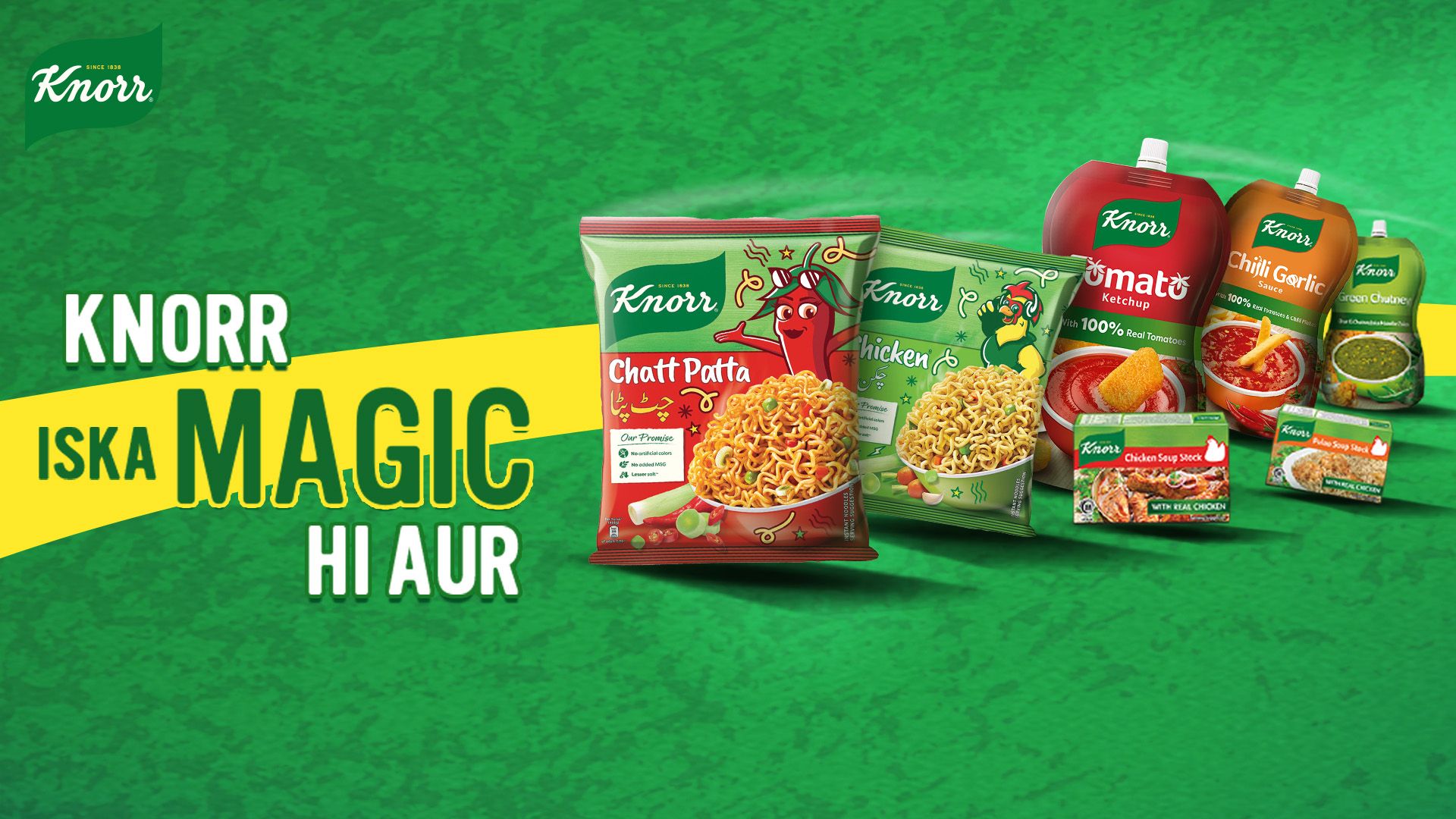 Knorr products, including noodles, ketchup, sauces, and soup stocks.