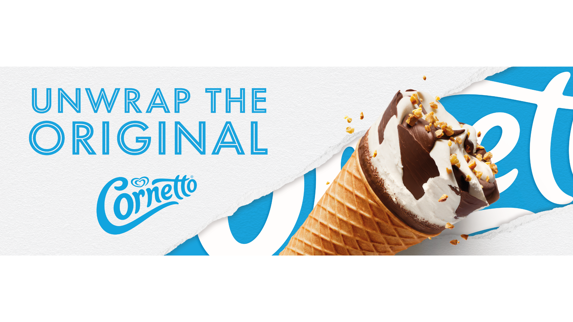 A campaign image of a Cornetto Classico cone being unwrapped.