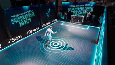 A man scores a goal at the Pressure Shot Challenge, hosted by Unilever Personal Care brands at the FIFA World Cup 2026™